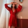 Summer Thin Sexy See-through Lace Mesh Nightgown V-neck Lace-up Long-sleeved Women's Premium Home Morning Gown 011
