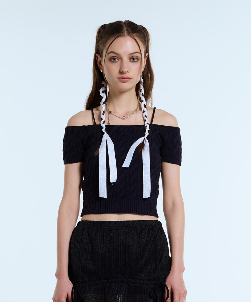 LARTIGENT L11 Cable Off Shoulder Knit(Navy)