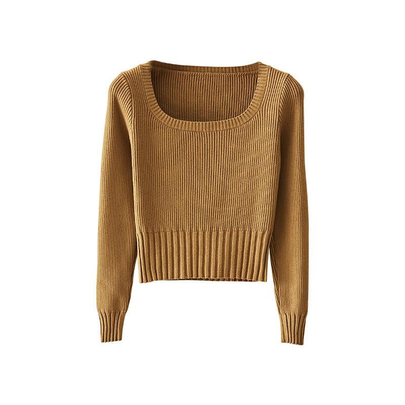 

Женский тонкий базовый слой на весну и осень с коротким белым свитером с квадратным вырезом под ним XL кофейный