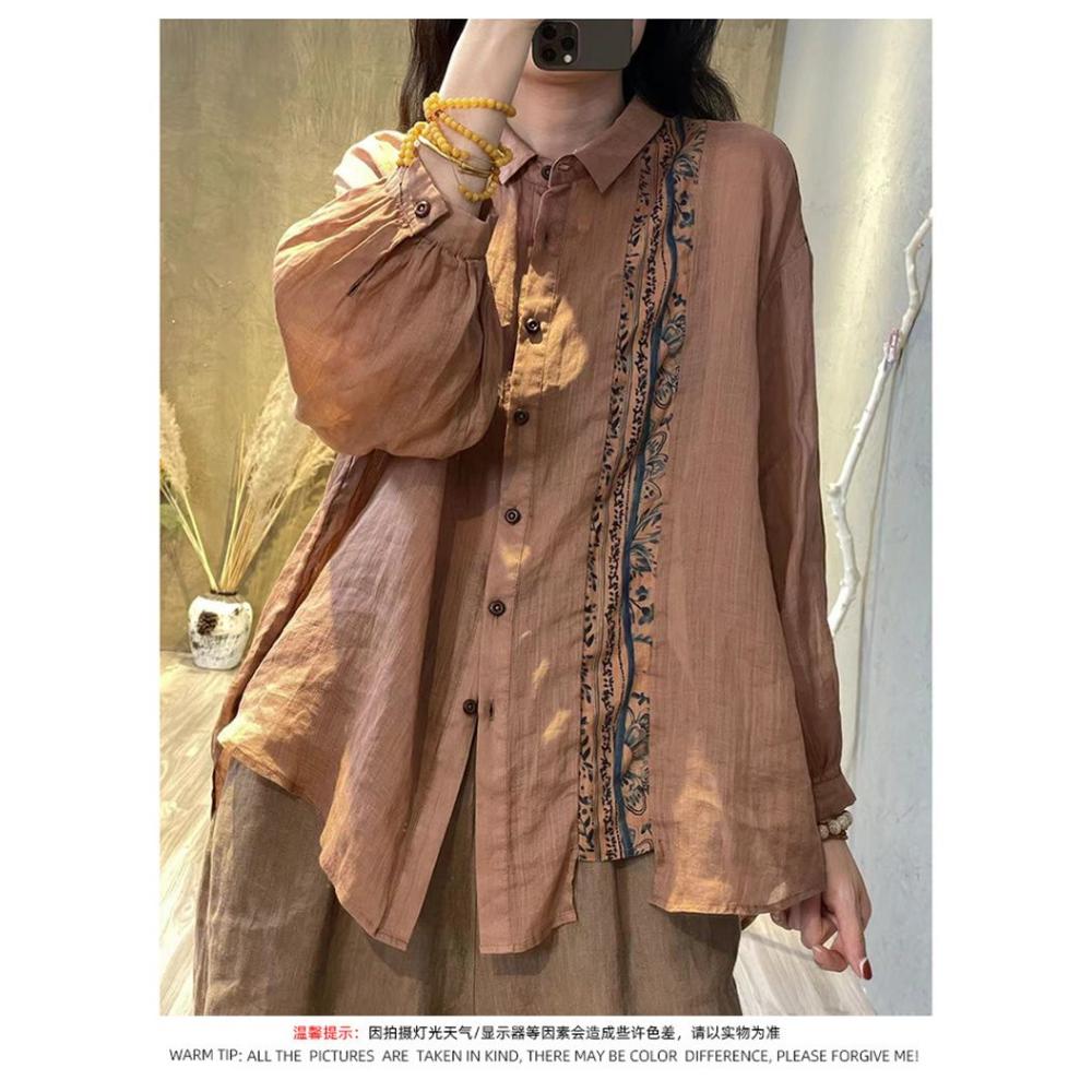 Printed Cotton and Linen Shirt Loose Elegant Casual Versatile Women Top