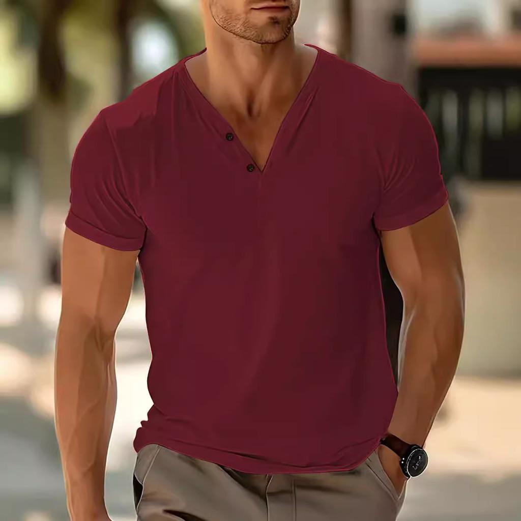 Solid Color V-neck Breathable Sweat Wicking Casual Sports Top Button Short Sleeved Men's T-shirts