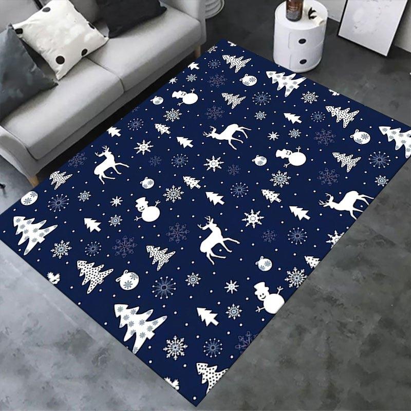 Blue Christmas Polyester Rug Non-Slip Hand Washable Heavy Duty Floor Mat Crystal Velvet Carpet for Living Room Decor