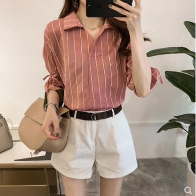 Camisa feminina listrada de manga curta com cadarço, camisa feminina solta casual, blusas grandes, vintage, básica, escritório, casual, camisa feminina, roupas confortáveis