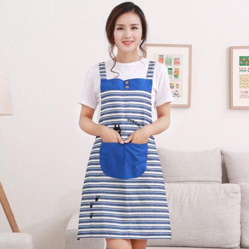 Cute New Home Womens Kitchen Restaurant Bib Cooking Aprons Pockets Striped Apron