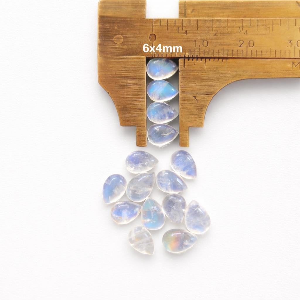 Natural Rainbow Moonstone 6x4mm Pear Cabochon – Calibrated Gemstone for Jewelry Making