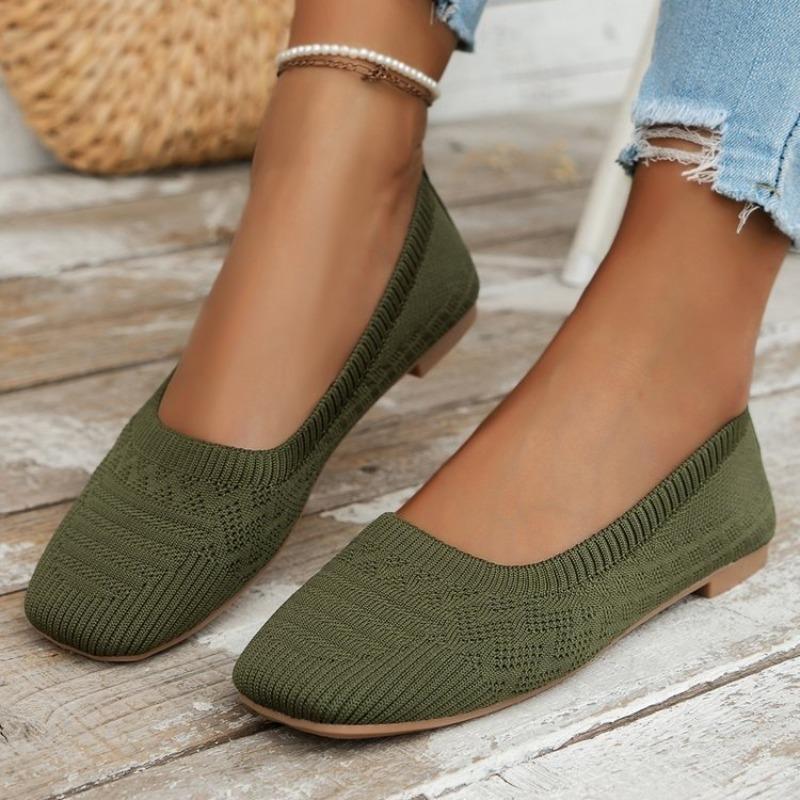 Large size spring new flat bottom square head foot cover shallow mouth single shoes women's knitted fashion versatile shoes