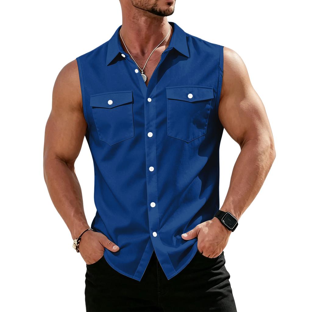 Men's Workwear Lapel Button-Down Vest Shirt - Lightweight Sleeveless Top