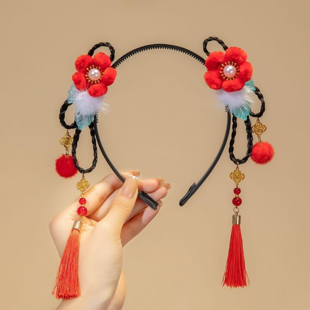 Red Hanfu Wig Headband Pearl New Year Headwear Traditional Flower Tassel Headband  Children