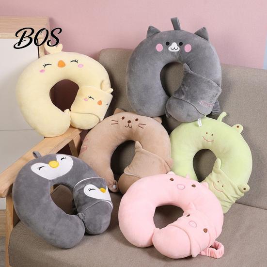 Neck Support Travel Pillow 1 Set U-Shaped with Eye Mask, Pillow, Cute Animal U-shaped Design, for Road Trip Flight Pain Relief Soft