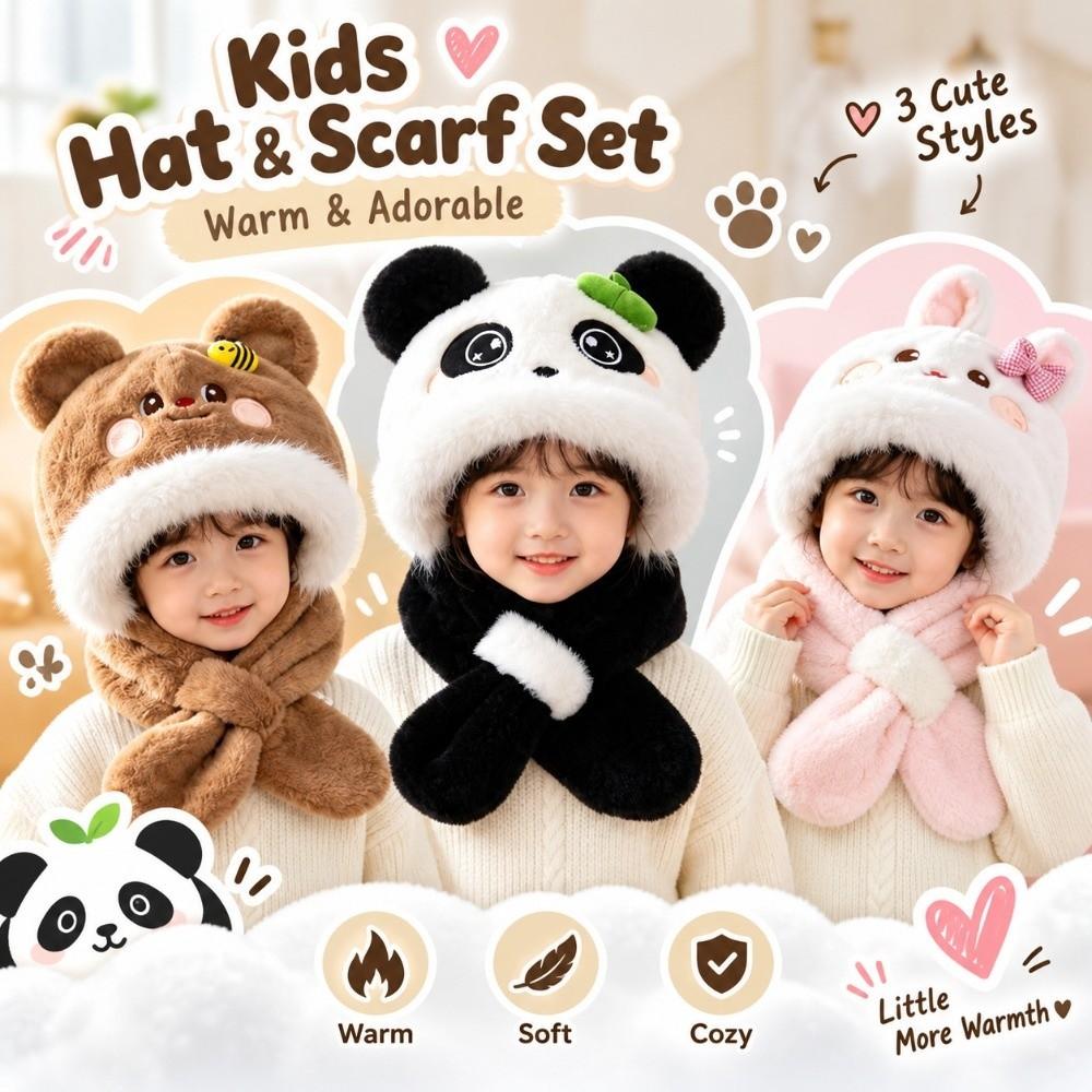 Windproof Kids Hat Scarf Set Soft Plush Earflap Hat New 2 in 1 Hat Scarf Boys Girls