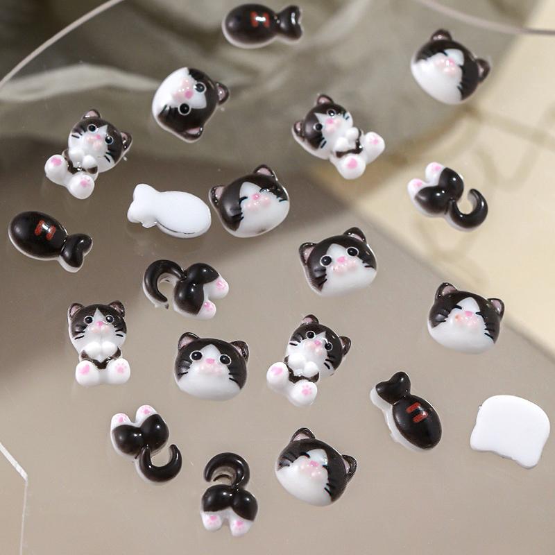 10Pcs Black And White Cat Nail Accessories Cartoon 3D Cute Cat Butt Small Fish Resin Nail Decoration Manicure Jewelry Diy