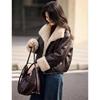 Women's PU Leather & Faux Lamb Wool Spliced Down Jacket