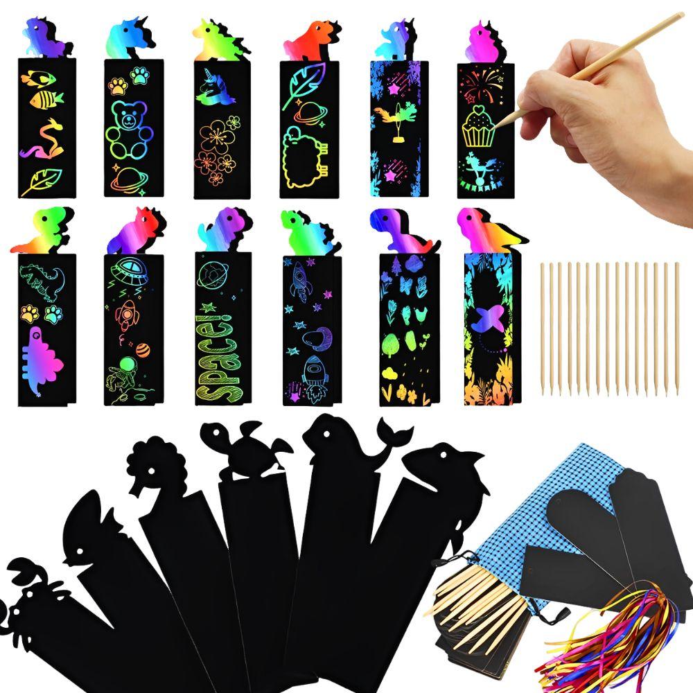 12/24pcs Colorful Scratch Off Bookmarks Kit, Assorted Animal Shaped Rainbow DIY Craft Supplies, Party Gifts Decorations YMY