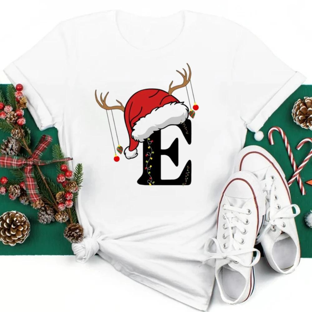 Christmas Hat A To Z Letters Tshirt Christmas Family Activity Sleeved Streetwear Harajuku Short Sleeve Casual Aesthetic Clothes