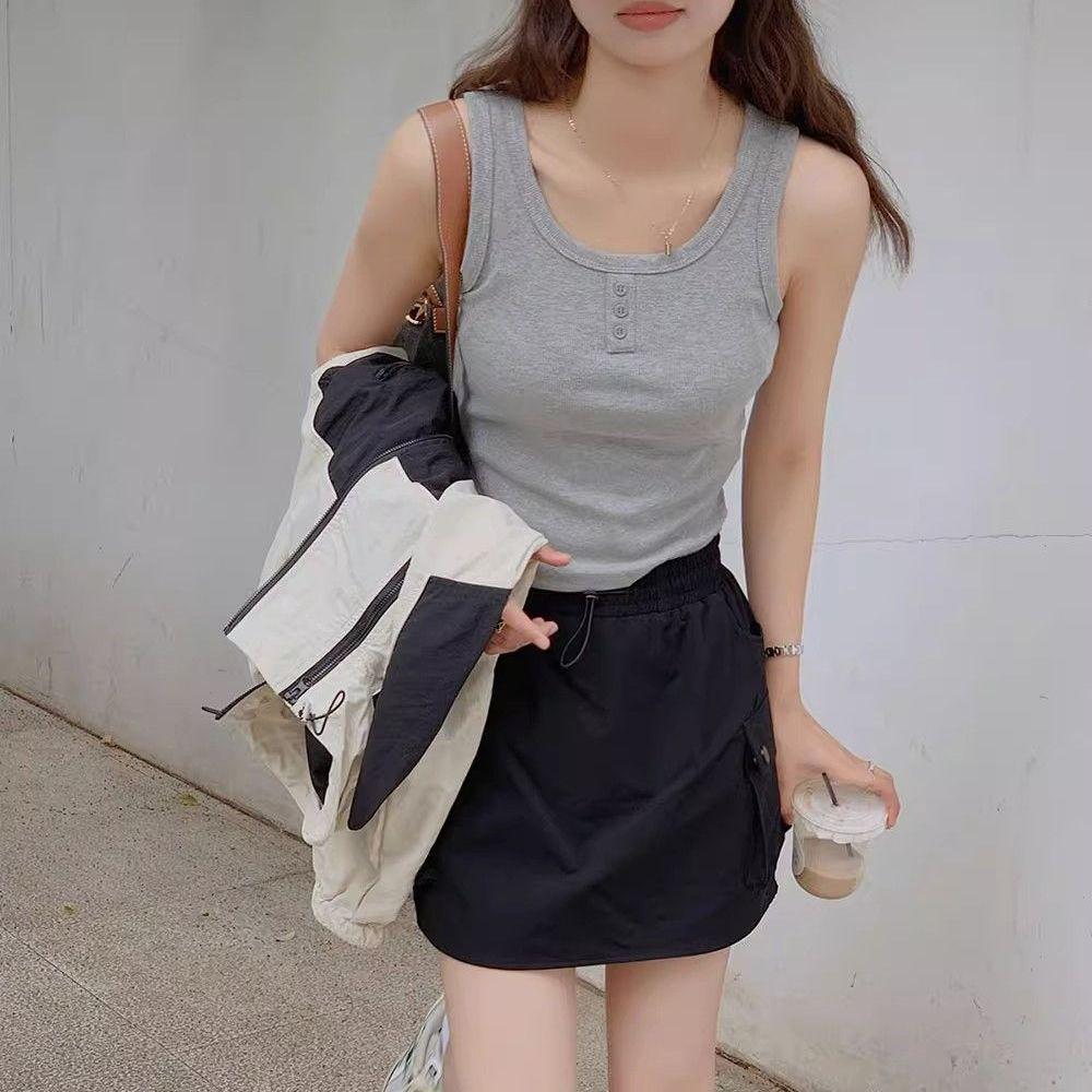 Gray High-Waisted A-Line Wide-Leg Summer Skirt for Women - Petite, Slimming, and Quick-Drying