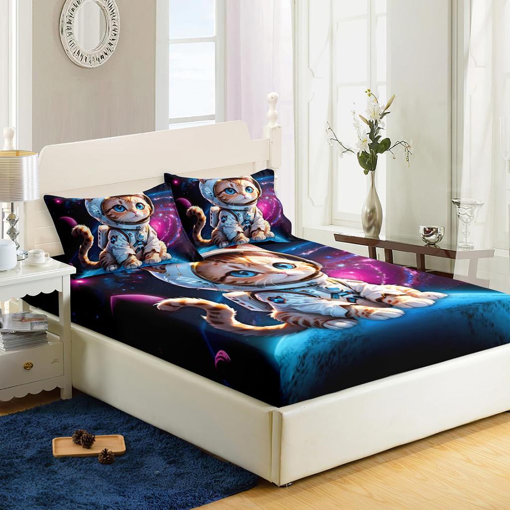 Astronaut Cat Pattern Bed Hat Three-Piece Digital Printing Bedding Bed Hat Three-Piece Set Children Adult
