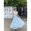 New waist A word thin and sweet long skirt girl three-dimensional flower flying sleeve dress women's summer leisure