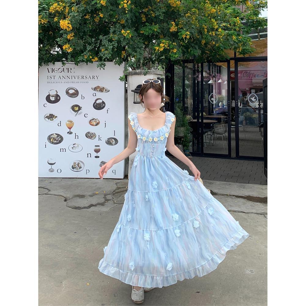 New waist A word thin and sweet long skirt girl three-dimensional flower flying sleeve dress women's summer leisure