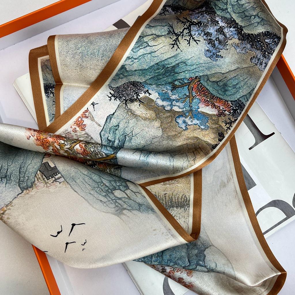 Silk Mulberry Silk Scarf, National Style Ink Painting, Versatile Double-Layer Double-Sided Silk Scarf, Thin And Narrow Scarf, Streamer.