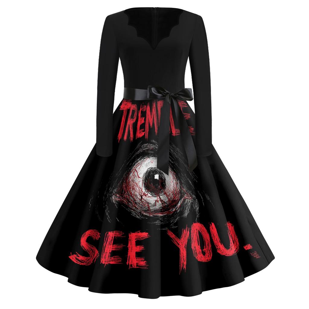 Womens Casual V Neck Halloween Print Vintage Dress Long Sleeve Retro Fit and Flare Midi Dress with Waist Tie Belt