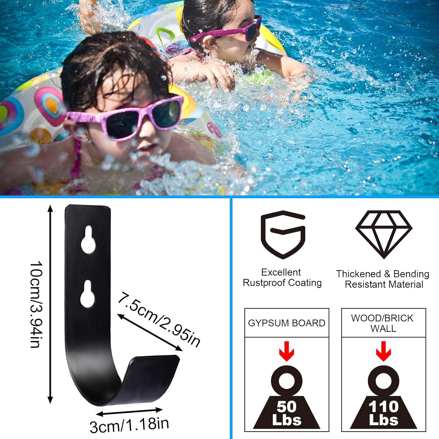 Luter 4 шт. Крючок для шеста для бассейна, Многофункциональный металлический крючок для шеста для бассейна, Аксессуары для крючка для бассейна, Крючок для шеста для бассейна для забора, стены, Подвесное оборудование, Бассейн