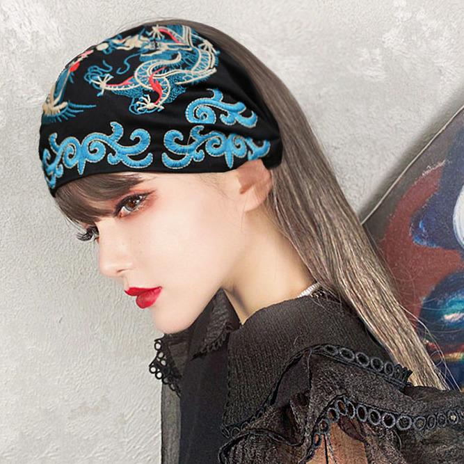 Faixa de Cabelo de Algodão e Linho Bordada Estilo Étnico da Moda Lenço de Cabeça Chapéu de Mãe Touca de Cabelo Bordada Dragão e Fênix Faixa de Cabelo para Mulheres