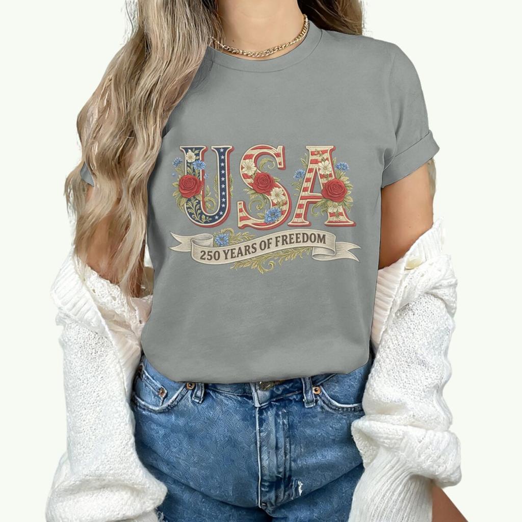 Causal 250th Anniversary Floral USA T-Shirt Women Retro Patriotic Rose Daisy Flowers Tee Fashion Independence Day 2026 Shirt