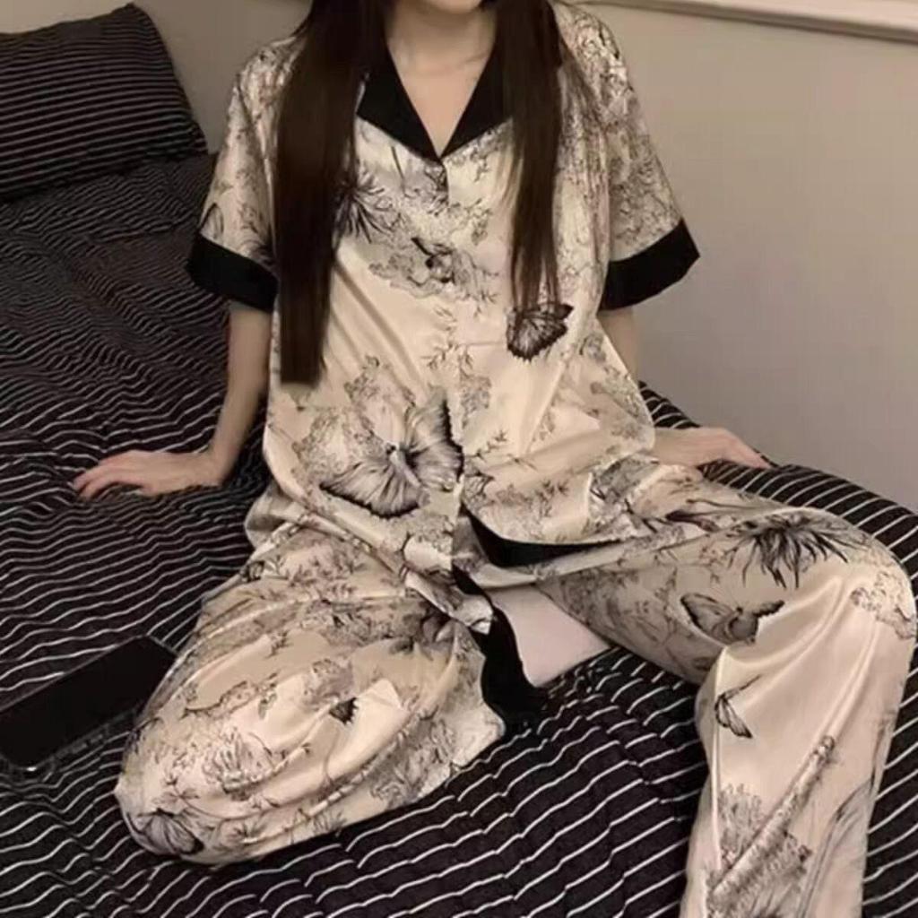 Women's Ice Silk Pajama Set: Short Sleeve Cardigan & Long Pants for Spring/Summer.