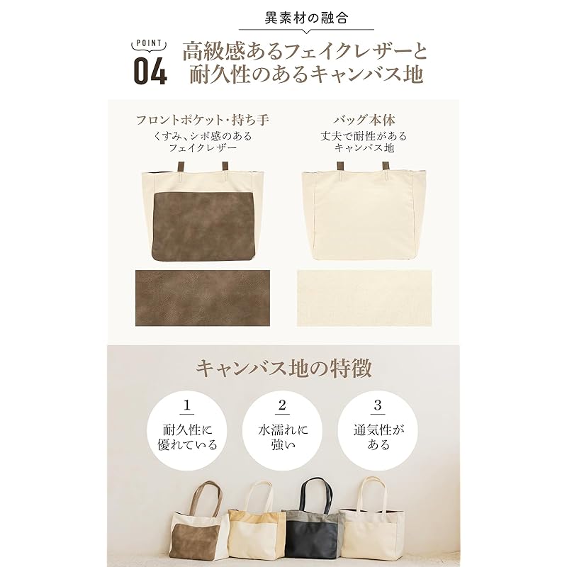 [6 storage pockets] Miworna tote bag ladies pocket large canvas canvas A4 large capacity lightweight commute men's Smaller faux leather light gray x