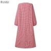 ZANZEA Women Casual Round Neck Long Sleeve Plaid Print Dress