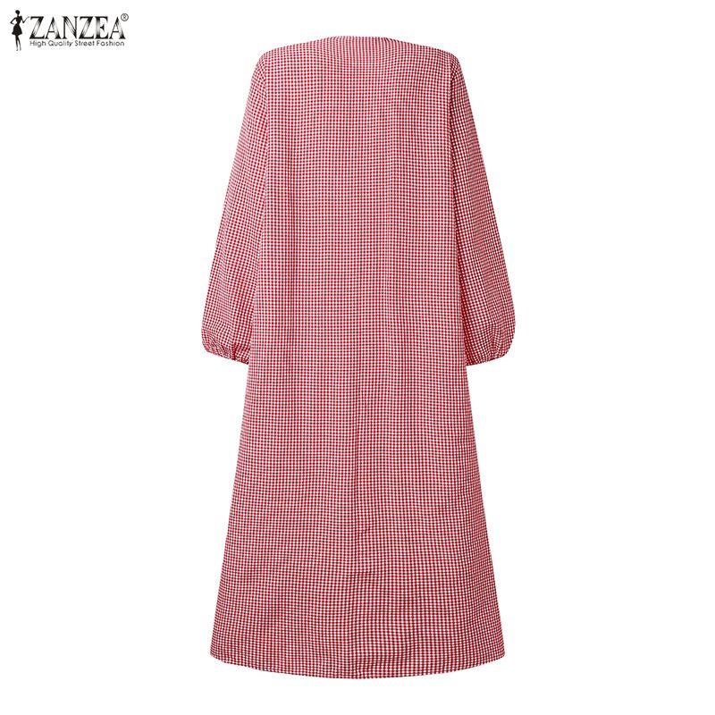 ZANZEA Women Casual Round Neck Long Sleeve Plaid Print Dress