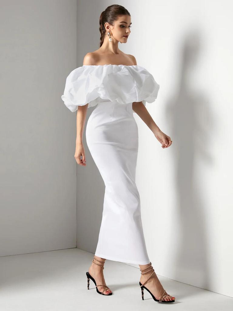 Elegant European Style One-Shoulder Long White Bodycon Dress for Women