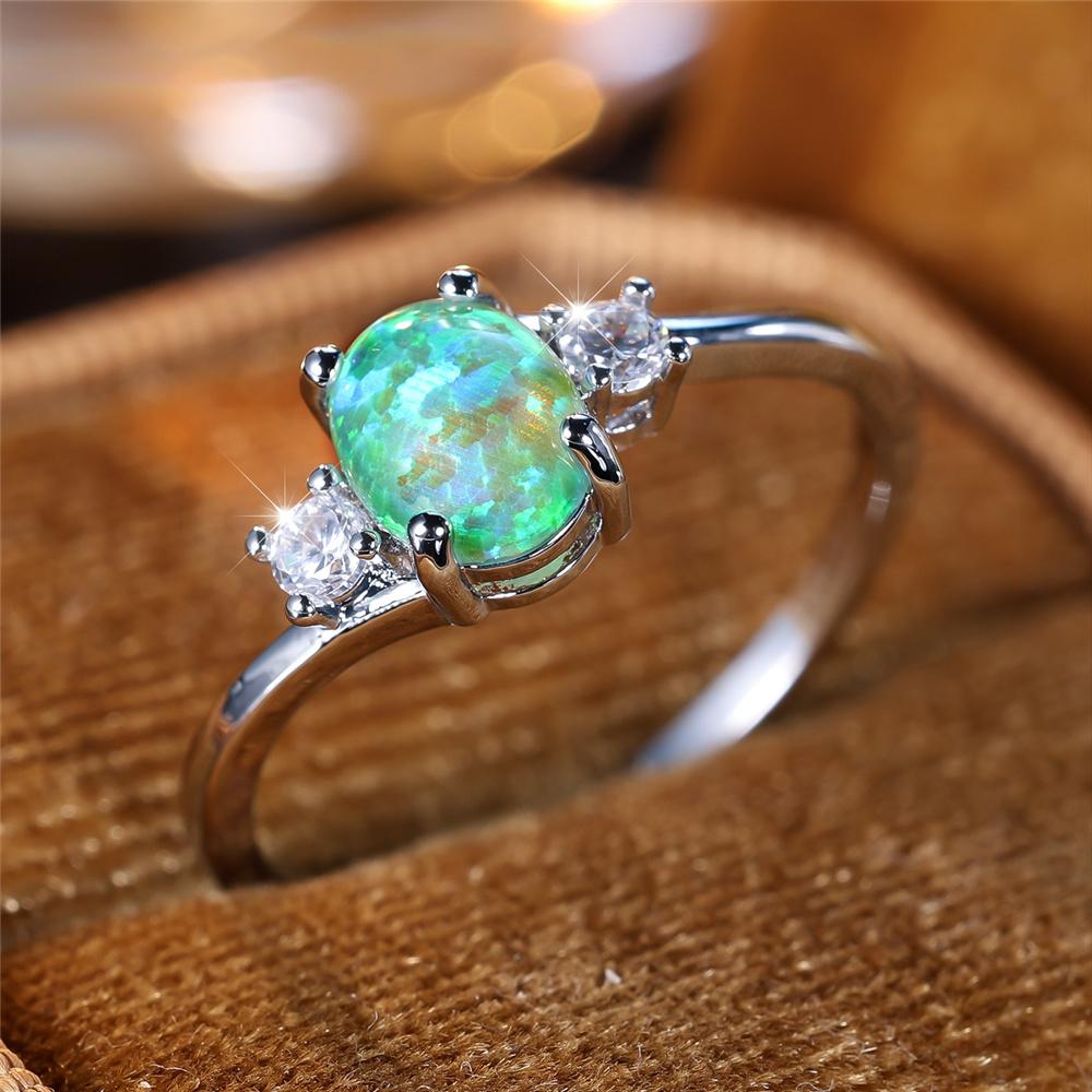 Cute Female Green Opal Round Stone Ring Silver Color Wedding Jewelry Promise Engagement Rings For Women