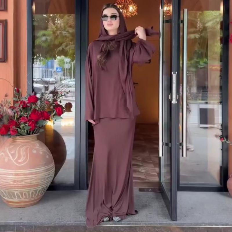 2025 Autumn Festival Europe and America Loose and Comfortable Versatile Commuter Long-sleeved Top Long Skirt Solid Color Jacket Three-piece Women's 