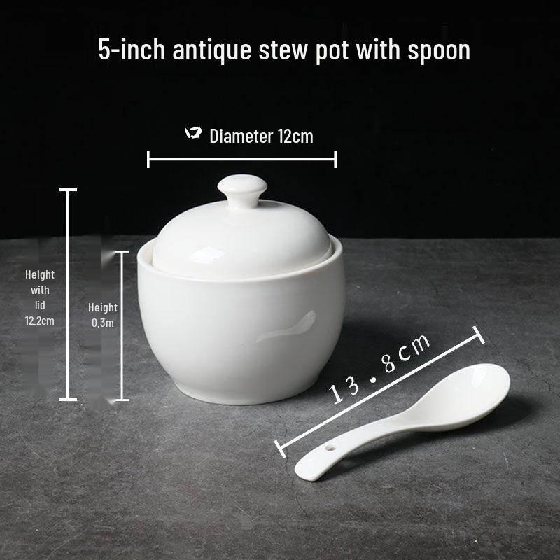 Bird's Nest Ceramic Stew Pot with Lid - Double Boiler Steaming Bowl for Soup & Steamed Egg, Pure White Tableware