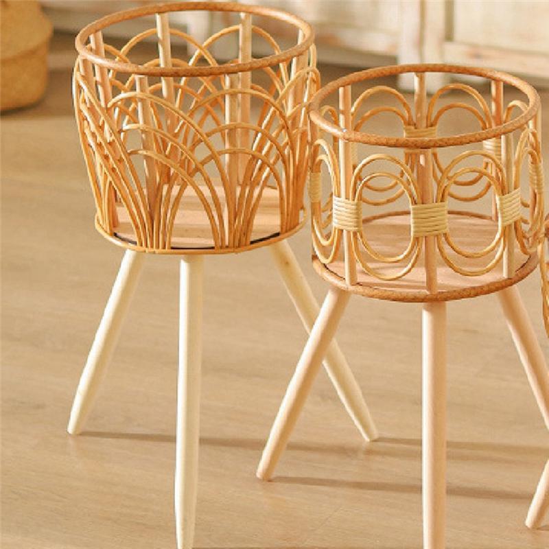 M-Modern-Rattan Indoor Plant Stand Straw Woven Flowers Pot Holder Stool With Legs Floor Planter Baskets Rack Wooden Plant Shelf