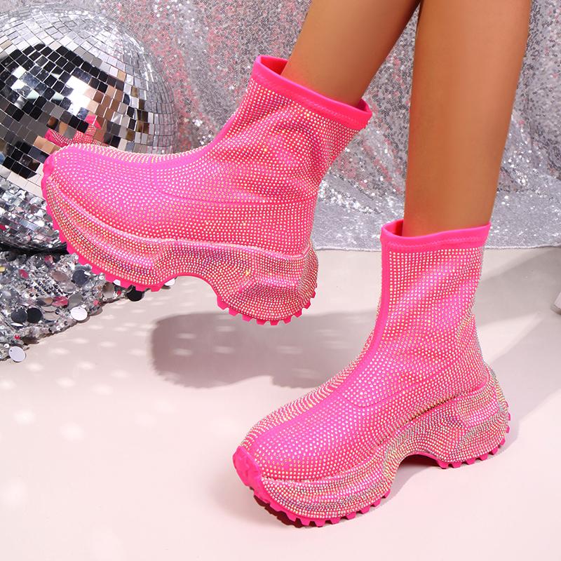 Fashion Luxury Rhinestone Platform Ankle Boots for Women 2025 New Hot Pink Thick Bottom Street Shoes Woman Fashion Slip On Chunky Boots