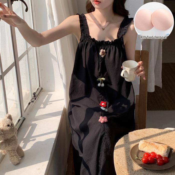 2026 Summer Princess Style Woven Cloud Cotton Camisole Nightgown with Chest Pads - Long Skirt, Square Neck.