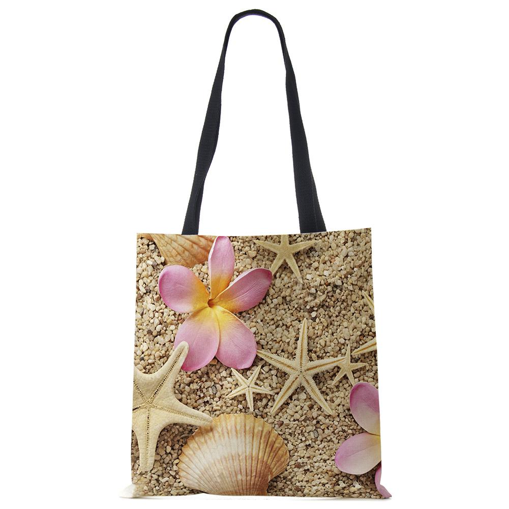 Damen Schultertasche Blau Ozean Seestern Strand Sand Abdrücke Tragetasche Leinenstoff Schön Lässig Praktische Handtasche KTY