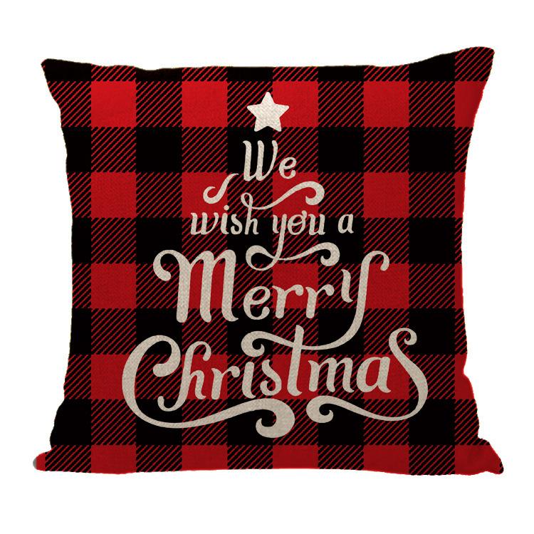 Red Plaid Sofa Linen Christmas Pillow Cover Reindeer Snowflake Home Cushion Cover