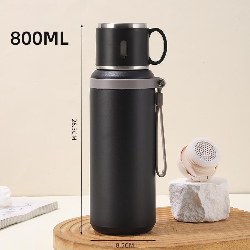 Stainless Steel Insulated Bottle With Cup Lid Tea Infuser Portable Travel Thermos Mug With Strap Leakproof 600ml 800ml For Office Outdoor Use