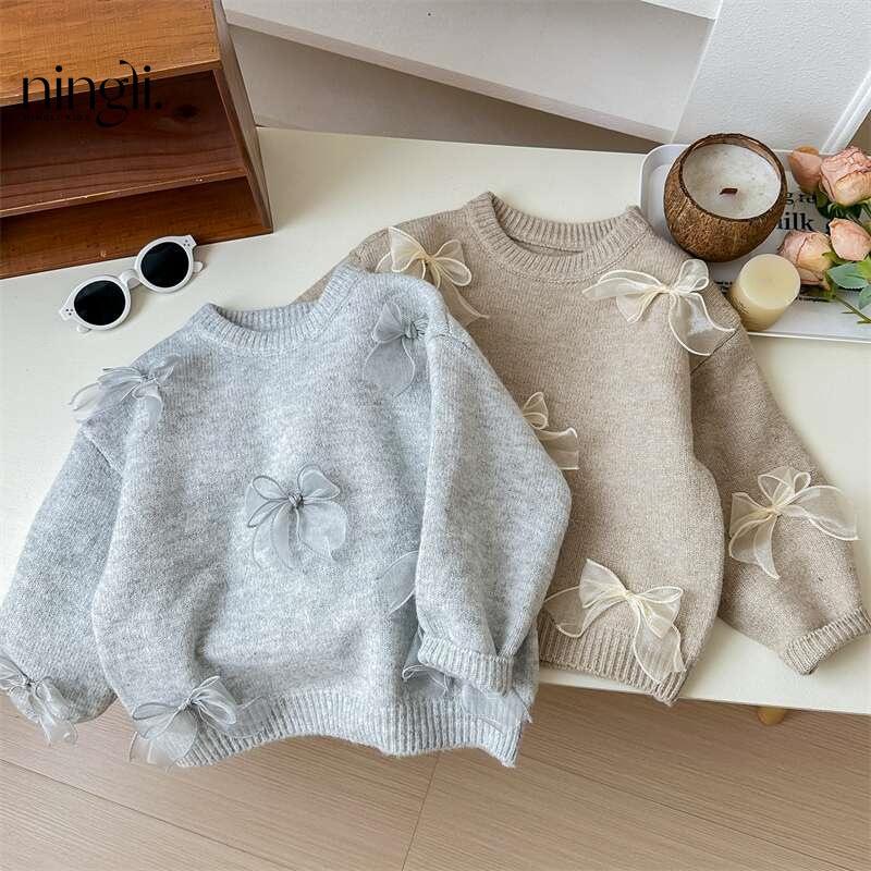 Korean Children Clothing Autumn Girl Baby Toddler Solid Bow Sweaters Winter Fashion Sweet Kid Princess Knitted Sweater