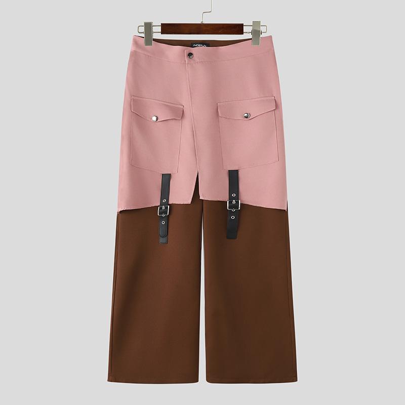 INCERUN Men High Wrap Waist Patchwork Zip-up Casual Loose Long Wide Legs Pants Trousers