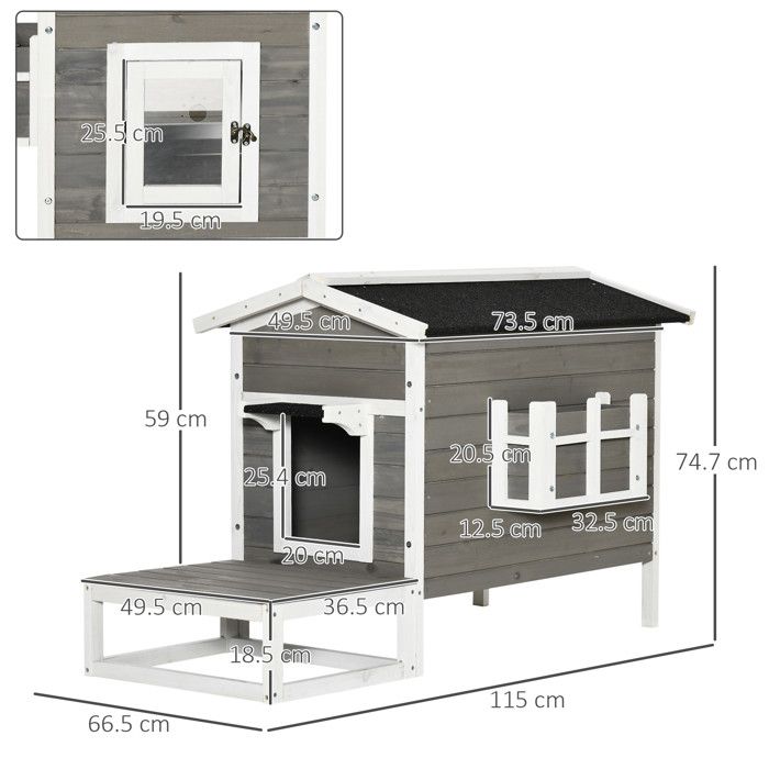 Cat and Dog Niche with Terrace and Balcony, Bitumen Roof, Grey and White Wood - UVRION 115 × 66.5 × 74.7 cm