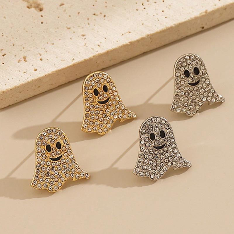 2pcs Vintage-Inspired Cute Metal Ghost Earrings with Sparkling Rhinestones - Perfect for Halloween,Graduation,and Party Fun