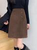 Korean Style Slimming Corduroy A-Line Skirt with Elastic Waist and Single-Breasted Design for Autumn/Winter
