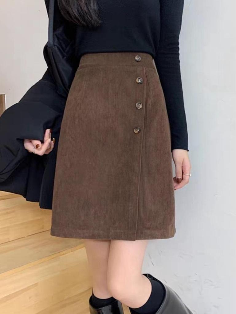 Korean Style Slimming Corduroy A-Line Skirt with Elastic Waist and Single-Breasted Design for Autumn/Winter