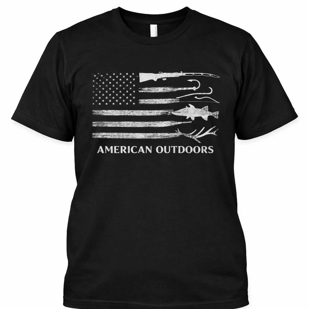 American Outdoors Hunting Fishing Flag T-Shirt Mens Patriotic Graphic Tee S