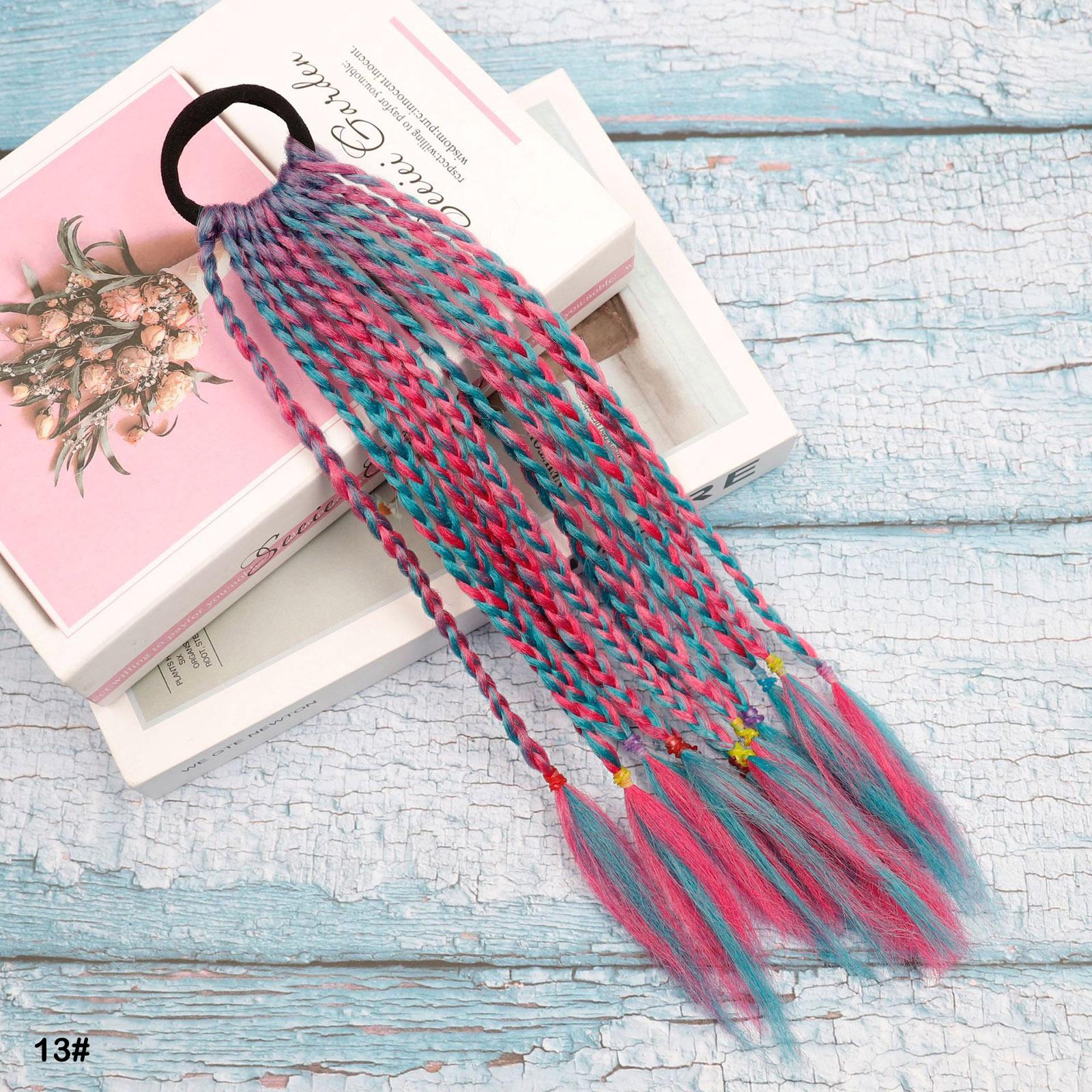 

Rubber Band Ponytail Short Colored Braided Hair Extension Rainbow Colorful Synthetic Ponytails for Girls Daily & Party Use