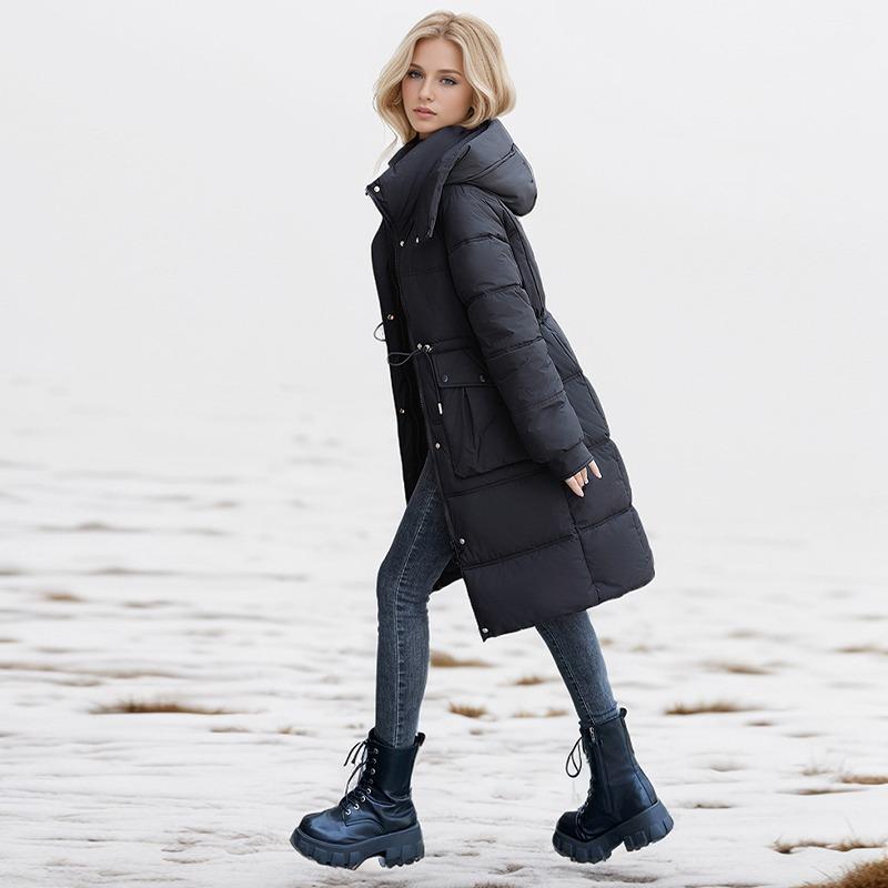 Casaco de Algodão de Pena Feminino Longo Inverno Espessado Acima do Joelho Solto com Capuz